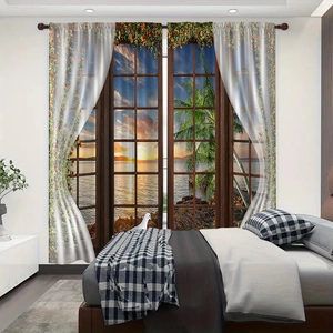Detailed texture of 3D sunset landscape curtain with white sheer overlay and floral trim