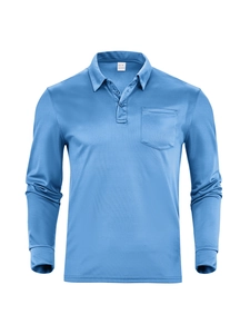 Detailed macro view of the breathable mesh texture and collar label of this men's blue Polo shirt