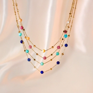 Elegant multi-layer gold stainless steel necklace with colorful natural stone beads on silk