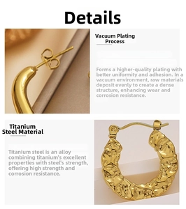 Detail of hammered texture on gold C-shape titanium steel earrings with vacuum plating