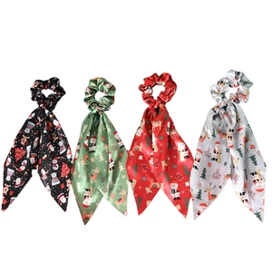 Set of 4 Christmas satin scrunchies with streamers in black green red and silver grey