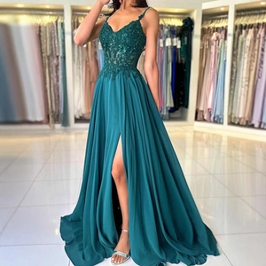 Elegant Evening Gown Lace Sequin V Neck Spaghetti Strap High Split A Line Party Prom Dress For Women