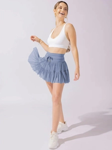 Blue high waisted layered ruffle skort with drawstring for summer athletic wear