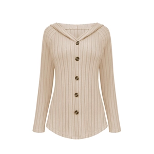 Felpa con cappuccio in maglia a coste beige da donna con maniche lunghe e bottoni