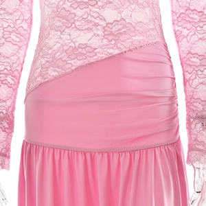 Detail of pink lace bodice and ruched waist design on a summer off-shoulder maxi dress