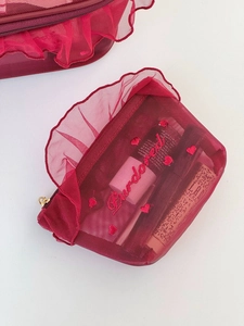 Wine red mesh makeup bag with ruffle lace edge and embroidered hearts for portable storage