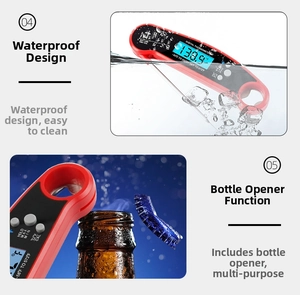 Waterproof food thermometer with folding probe and integrated bottle opener feature