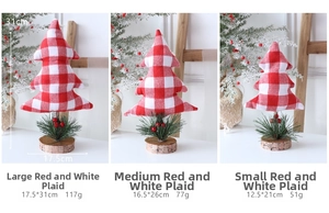 Three red checkered fabric Christmas trees with wooden bases and pine needle details