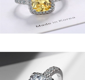 Detail of square-cut yellow and white gemstones on micro-paved silver fashion rings