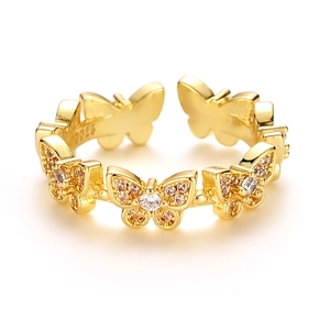 Adjustable gold butterfly ring with zircon pavé stones and S925 sterling silver stamp