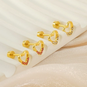 Heart Stud Earrings 18K Gold Plated Stainless Steel Rhinestone Hollow Screw Back Flat Back Jewelry For Women