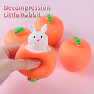 Squeezable carrot rabbit stress relief toy made of soft silicone for tactile sensory fun