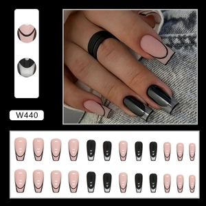 Minimalist long coffin press-on nails with black French tips and pink base 24pcs set