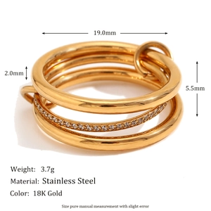 Top view of 18K gold plated stainless steel multi-layer ring with dimensions and zircon