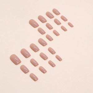Classic nude pink square press-on nails set with glossy finish and diverse sizes