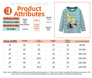Size chart for boys long sleeve excavator t-shirt showing measurements from 2T to 7T