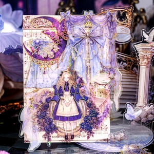 Purple PET floral stickers with vintage gold foil, anime girl and roses for journaling