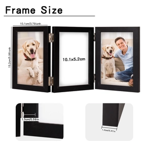 Detailed view of black triple folding wooden frame with silver hinges and size specs