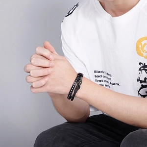 Men's multilayer black braided leather bracelet with stainless steel infinity symbol