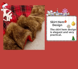 Detail of red and black buffalo plaid Christmas tree skirt with faux fur trim and snowflake
