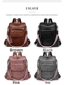 Detail of four PU leather backpacks in brown, black, pink and grey with ethnic straps