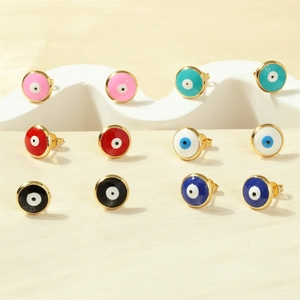 Detail of six pairs of evil eye stud earrings in various enamel colors with 18K gold base