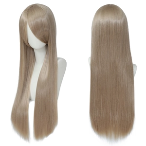 Front and back view of 80cm ash blonde long straight cosplay wig with blunt bangs