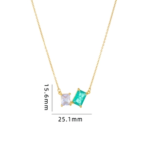 Elegant gold titanium necklace with emerald and lavender zircon pendants showing dimensions