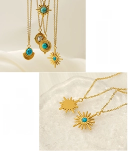 Detail of 18K gold stainless steel star pendant with turquoise stone inlay