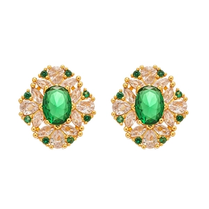 Vintage gold plated earrings with oval green gemstone and zircon floral details