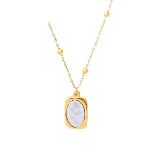 Minimalist gold necklace with hammered rectangle pendant featuring a rose design