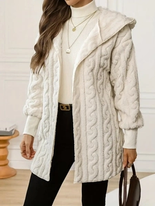 Women Hooded Cardigan Jacket Cable Knit Plush Fleece Warm Solid Color Long Sleeve Loose Casual Outerwear Elegant