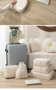 Detail view of 7-piece beige travel organizer set with packing process and full kit display