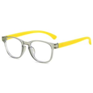 Fashionable kids blue light blocking glasses in grey and yellow frames for eye protection