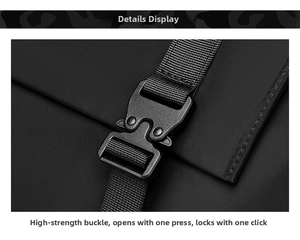 Detail shot of durable plastic buckle and nylon strap on a black professional backpack