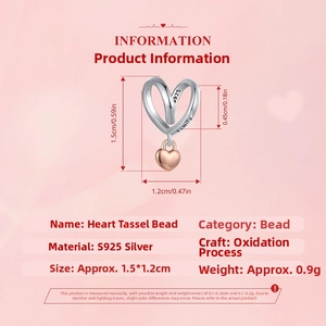 Detail of S925 silver hollow heart charm with Family engraving and rose gold tassel