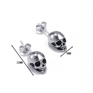 Punk vintage zinc alloy skull stud earrings with size markers 8mm and 22mm on white background