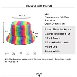 Rainbow striped faux rabbit fur bucket hat with detailed product measurements and size guide