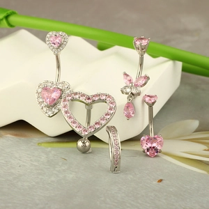Ensemble de piercings de nombril avec cœurs en zircon rose et acier inoxydable poli