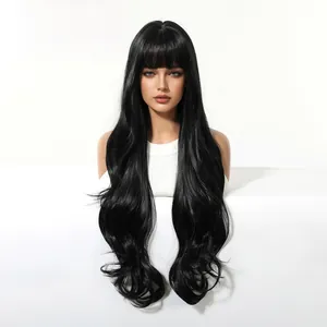 Front view of long black wig with straight bangs and loose waves on a white pedestal
