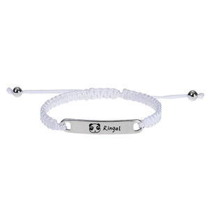 Detail of adjustable white braided rope bracelet with a panda engraved silver metal plate