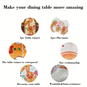Waterproof gingerbread table runner and placemat set with high-quality linen texture