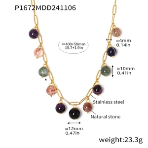 Detail showing multi-colored natural stone beads and stainless steel chain with dimensions