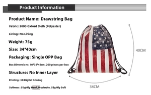 Detail specifications of 3D digital print USA flag drawstring bag made of 300D Oxford fabric