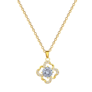Elegant gold hollow four-leaf flower necklace with sparkling zircon pendant for women