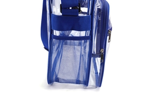 Détail latéral du sac bandoulière en PVC bleu transparent avec poche filet et zip