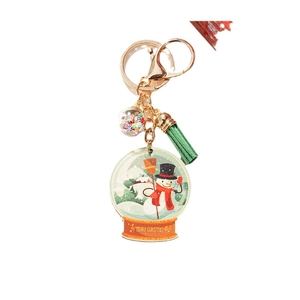 Gold Christmas snowman keychain with green tassel and sparkling snow globe charm