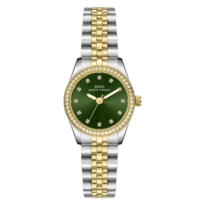 Montre quartz femme avec cadran vert, bracelet acier bicolore et lunette diamantée