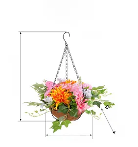 Detail view of artificial daisy hanging basket with dimensions 45cm height and 315g weight