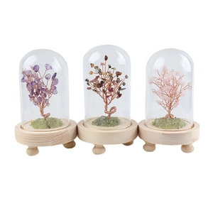 Three-piece set of natural crystal trees in glass domes with wooden bases for home decor